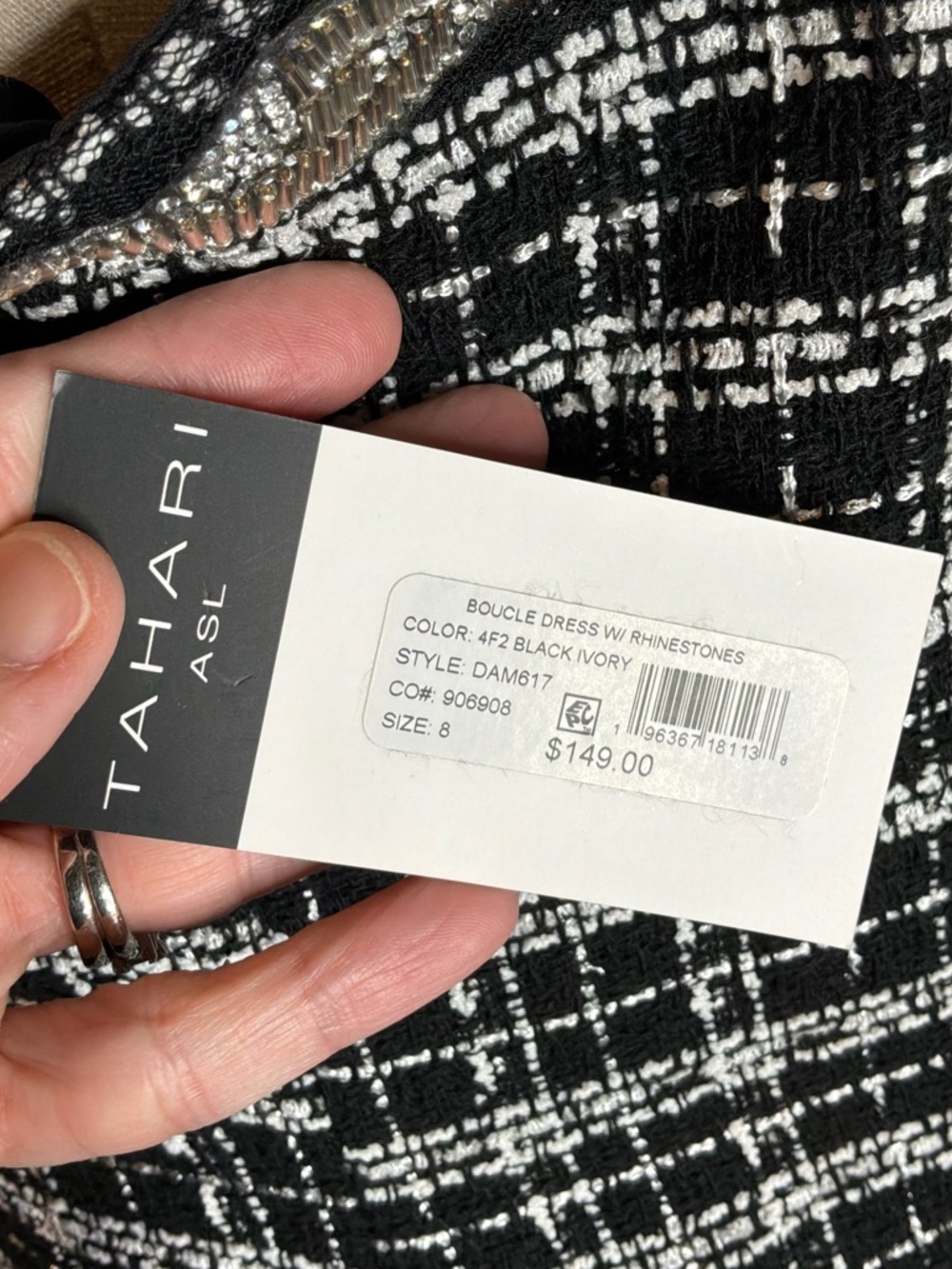 Tahari ASL Black Tweed Beaded Square Neck Mini Sheath Dress Size 8 - Picture 7 of 9